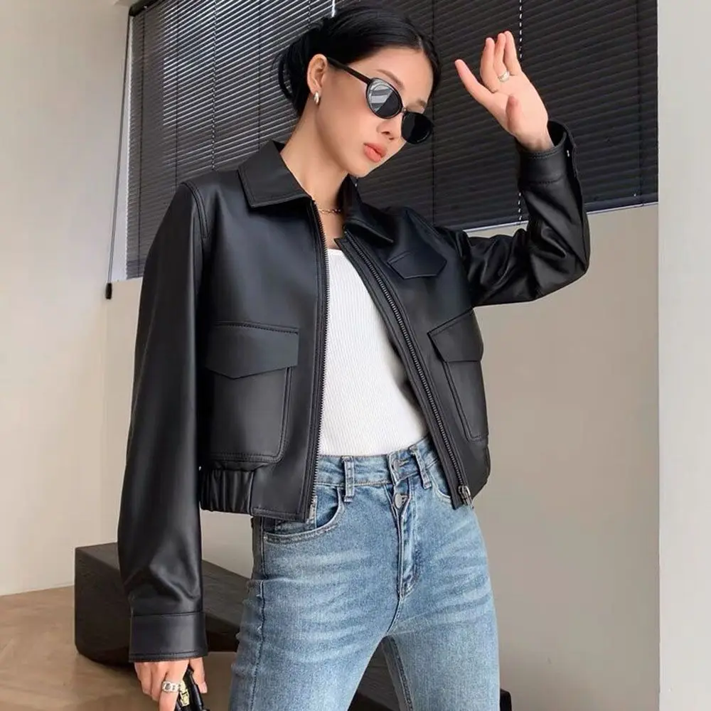 Chaqueta recortada de cuero PU para mujer Estilo de motocicleta Abrigo informal retro vintage Chaqueta de motociclista de primavera y otoño disponible en marrón negro