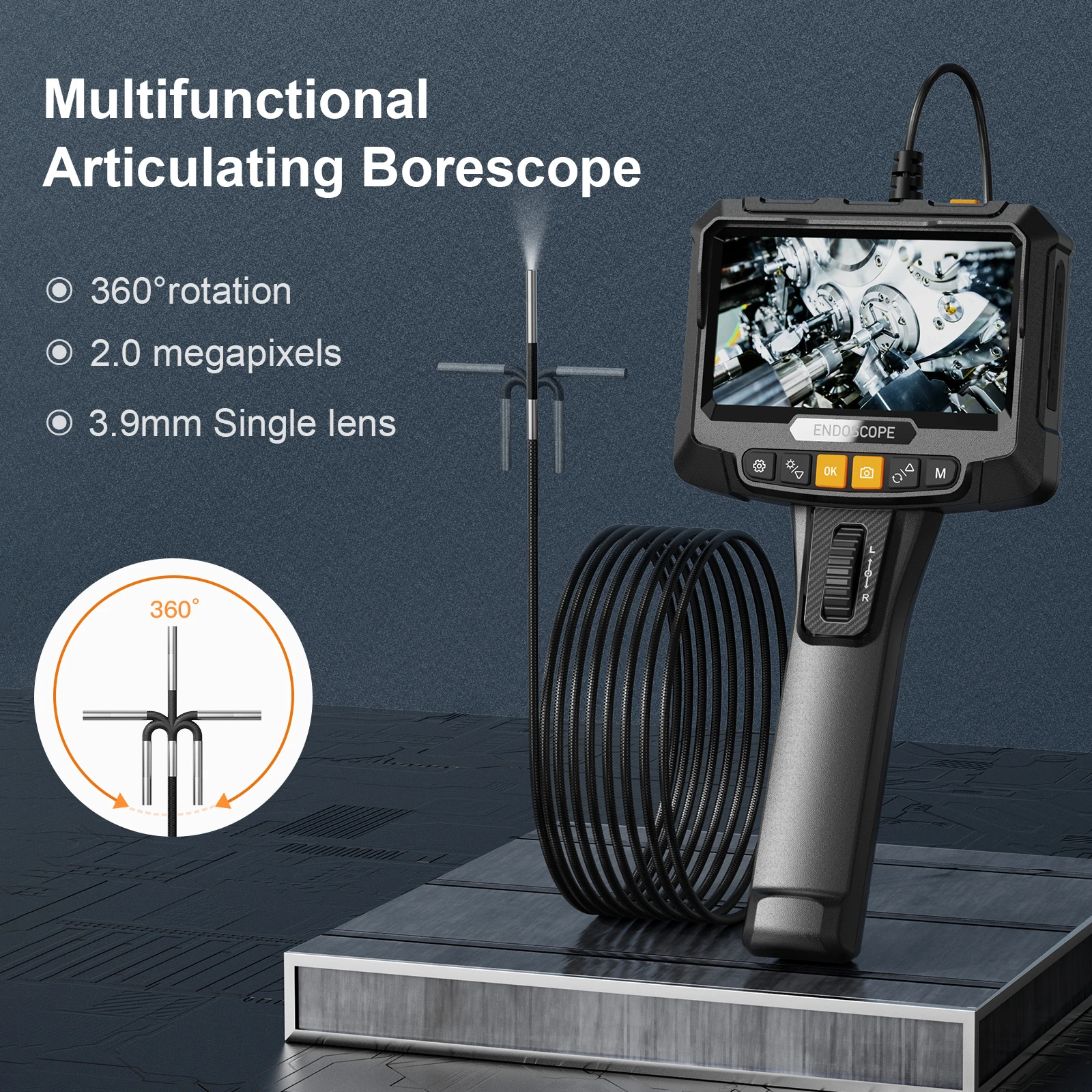 S10 3.9mm 2m Endoscope Two Ways 360 Degree Waterproof Industrial Articulating Borescope Steering Endoscope Camera