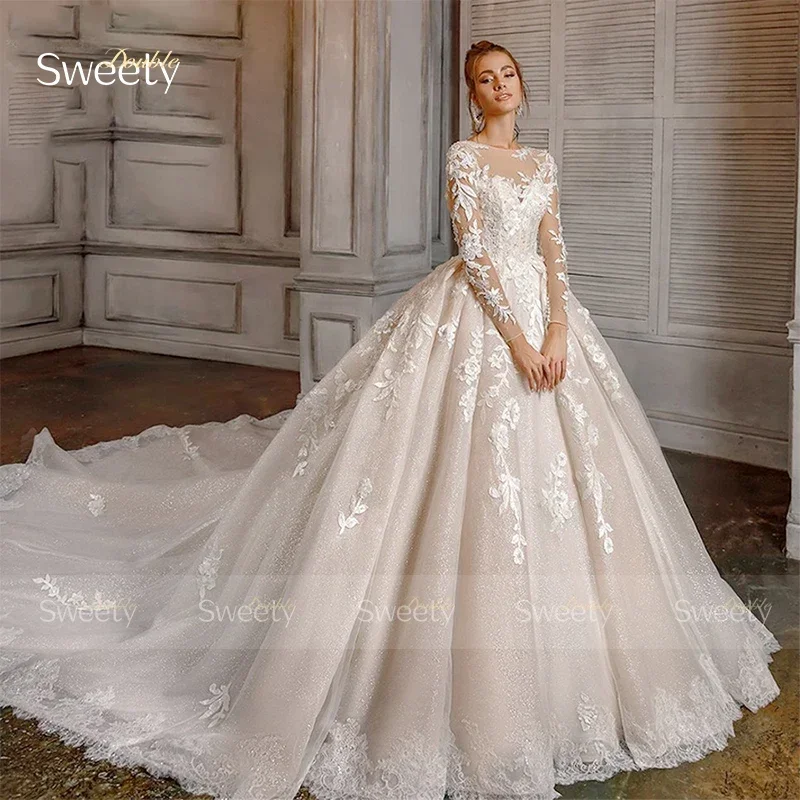 Luxury Wedding Dress Organza With Embroidery Lace Ballgown Train Full Sleeve O-Neck Bridal Dress Lace Up Button Vestido De Novia