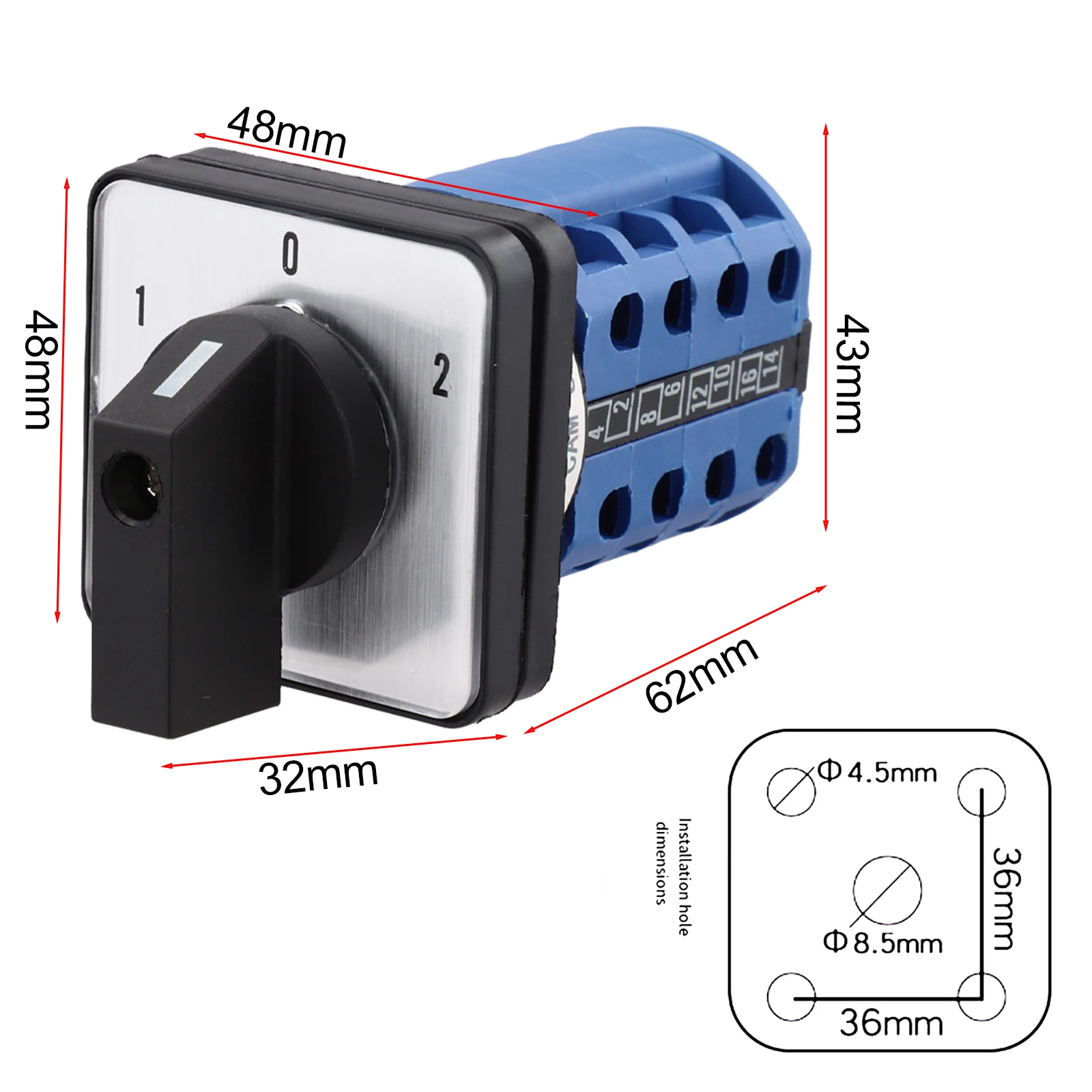 Cam Transfer Rotary Switch 660V 20A 3 Positions 4 Poles 16 Terminals for Industrial Motor and Control Panel Use