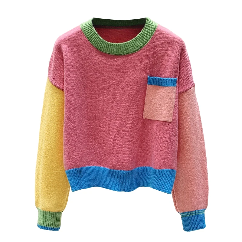 Casual Fashion Color-blocked Sweater Knitwear Women Sweet Loose Pullover Tops Long Sleeve Round Neck Chic Female Knitwear 2023