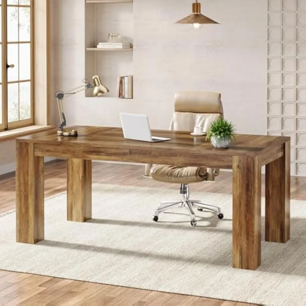 

63-Inch Executive Desk, Large Office Computer Desk, Simple Workstation Writing Table Study Table for Home Office, Rustic Brown