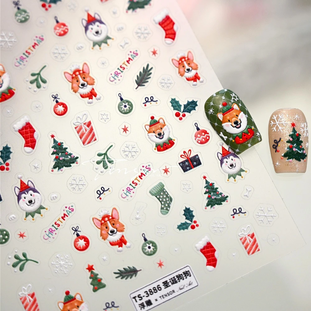 

Cartoon Lovely Dog Husky Corgi Christmas Tree Ball Gift Stocking Snowflake 5D Embossed Nail Art Stickers Xmas Manicure Decals