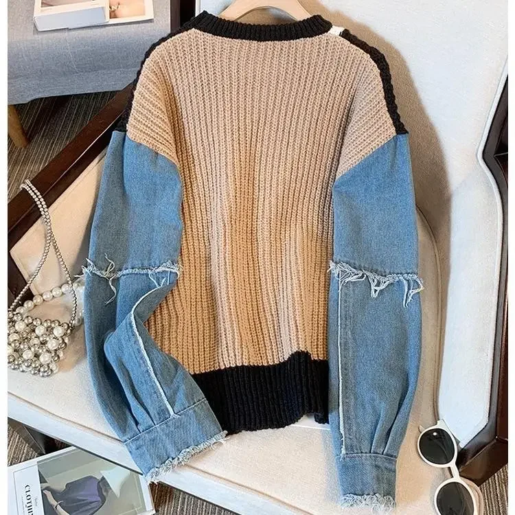 Dimanaf 2024 Winter T-Shirt Oversize Women Sweaters Denim O-Neck Patchwork Pullover Knitting Basic Blue Fashion Loose Sweater