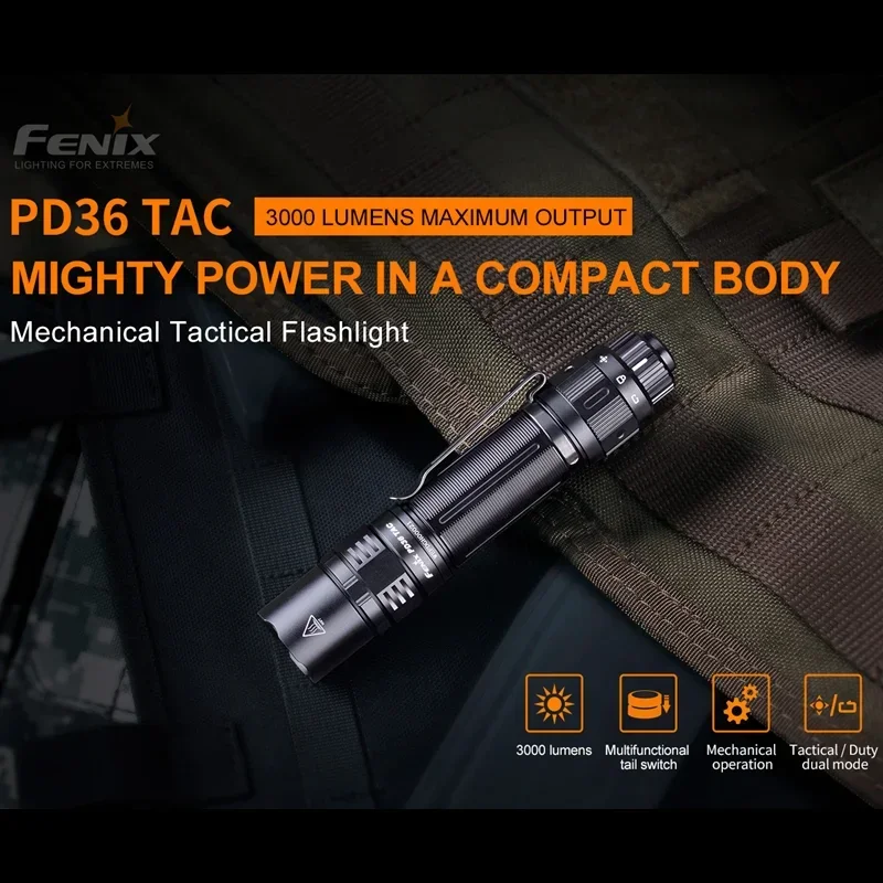 Fenix PD36 TAC Focuses Tactical Flashlight 3000Lumens Dual-Switch Type-c Rechargeable Light With 5000mAh Battery