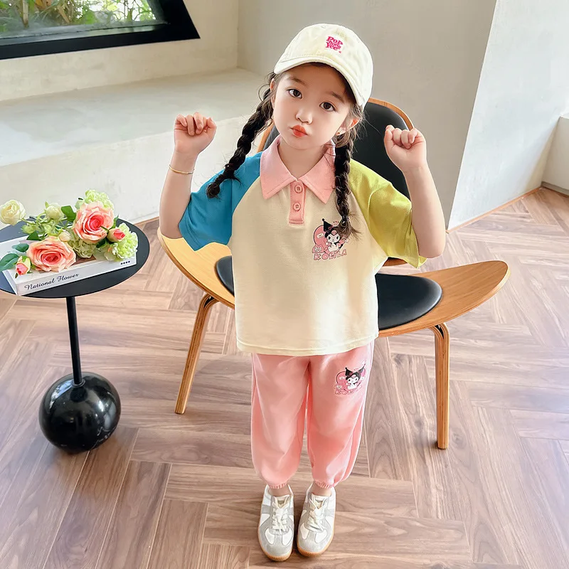 Sanrios Kids Fashion Casual Outfits Kuromi Girl Short Sleeve Pants Two-Piece Cartoon T-Shirt Sportswear Thin Summer Kids Clothes