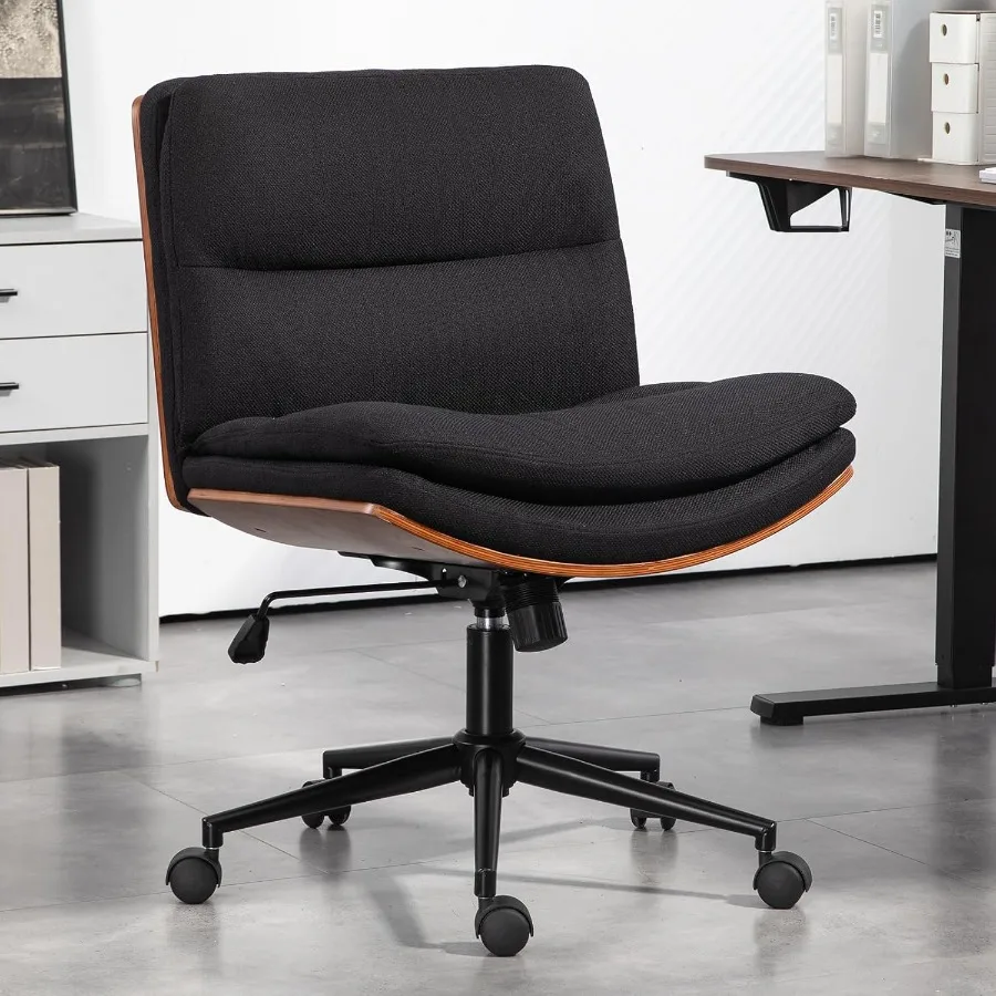 Armless Modern Walnut Office Desk Chair with Wheels Adjustable Wide Swivel Task Chair Ergonomic Cross Legged Fabric Chair for C