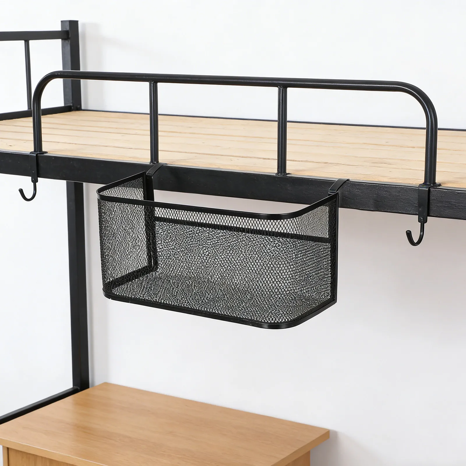 Hanging Bedside Storage Basket Metal Dorm Bed Shelf Organizer for Bunk Beds Bed Caddy Remote Phone Glasses Book Holder Wire view 3