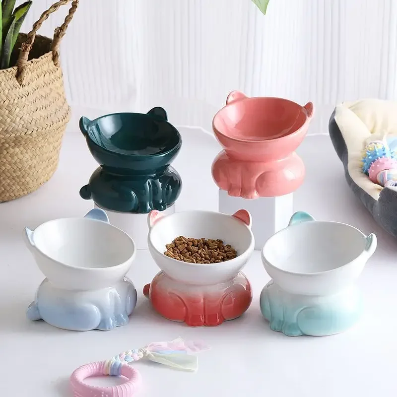 Medium Ceramic Anti-black Chin Pet Oblique Rice Bowl Kitten Drinking Water Cute Food Basin Cat Oblique Mouth Food Bowl