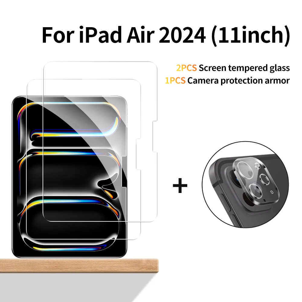 For IPad Air Pro 11 13  2024 Two Glass Screen Protectors and One Camera Lens Film, One Kraft Box and Two Alcohol Packs