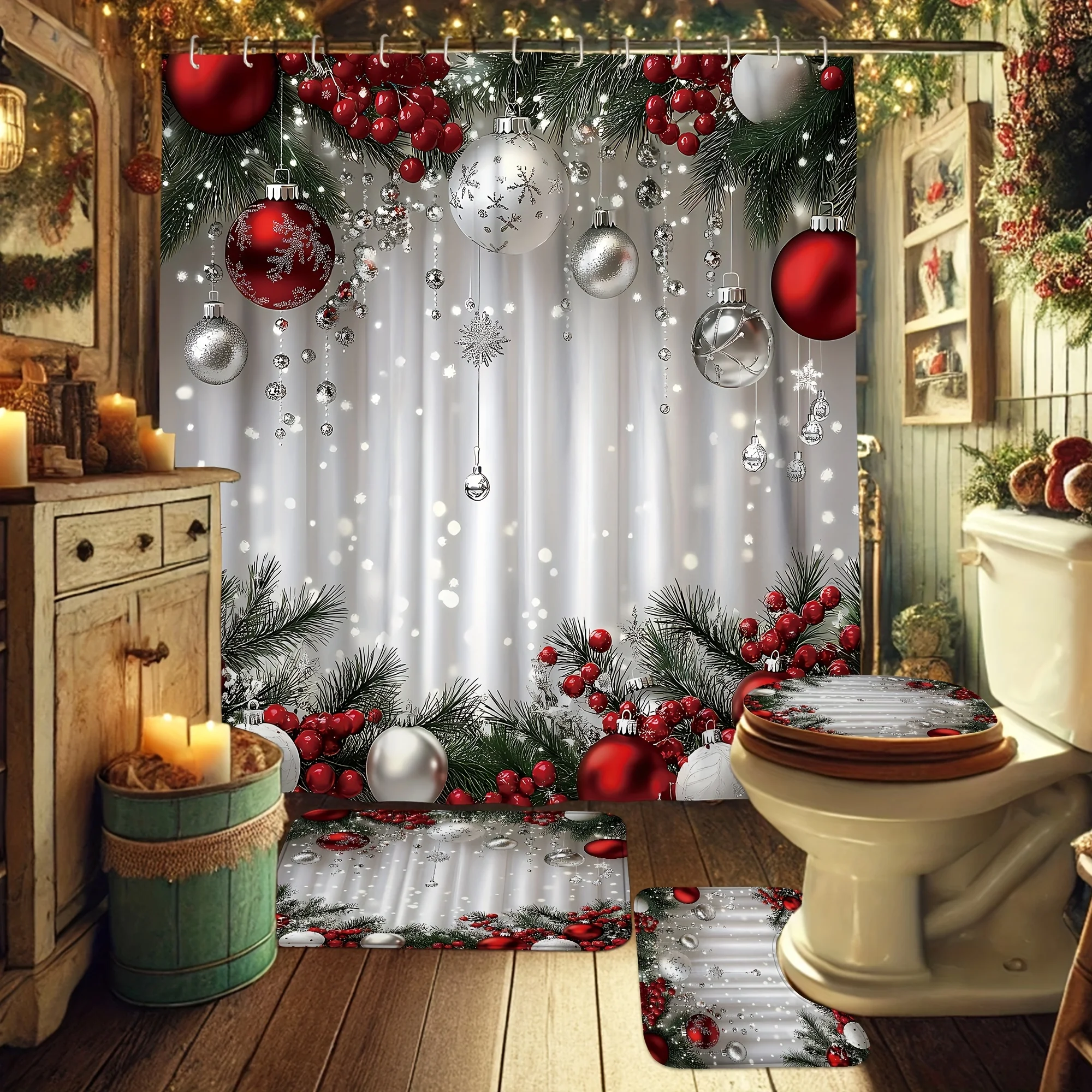 4pcs Christmas Ball Holly Festive Shower Curtain Set with Non-Slip Mat & Toilet Cover, Red Green White Washable Xmas Decor