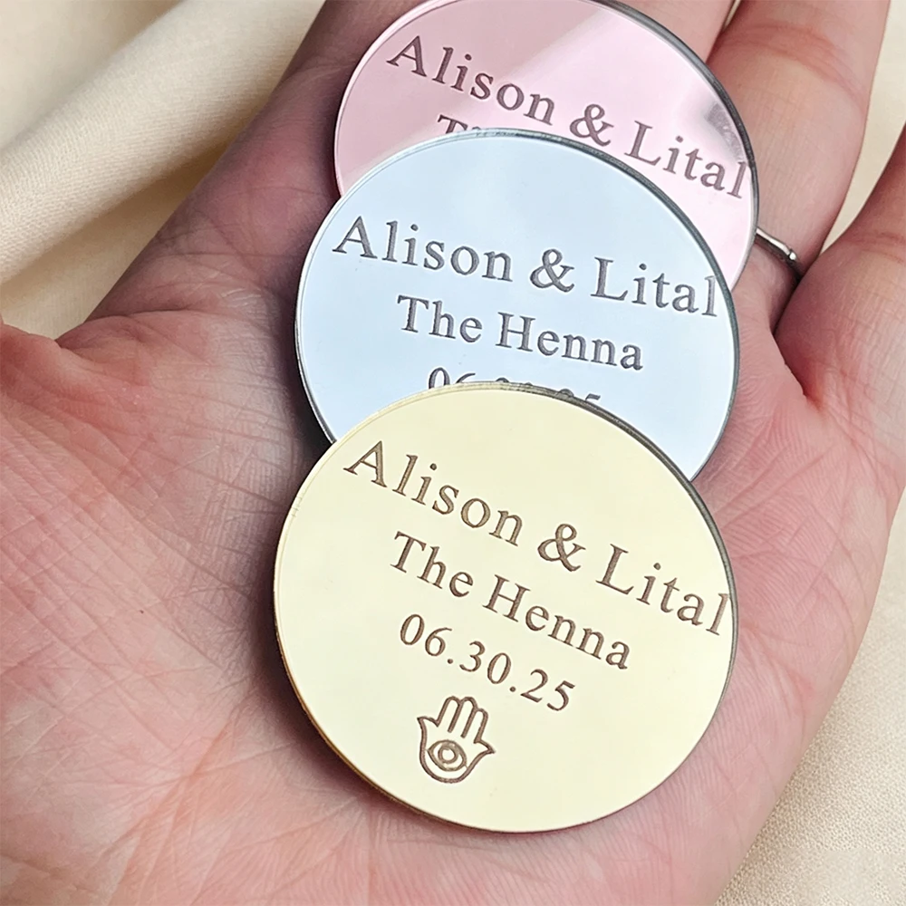 20/50/100 Étiquettes personnalisées en acrylique gravées pour fête au henné, étiquettes de nom de mariage sur mesure, étiquettes pour soirée au henné, étiquettes circulaires pour la journée du henné