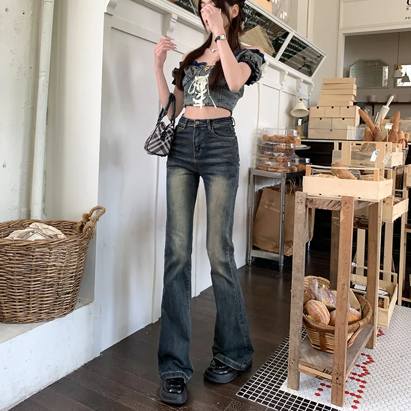 

Женские расклешенные джинсы в стиле ретро 2025 года, эластичные брюки с высокой талией, винтажные шикарные облегающие джинсы