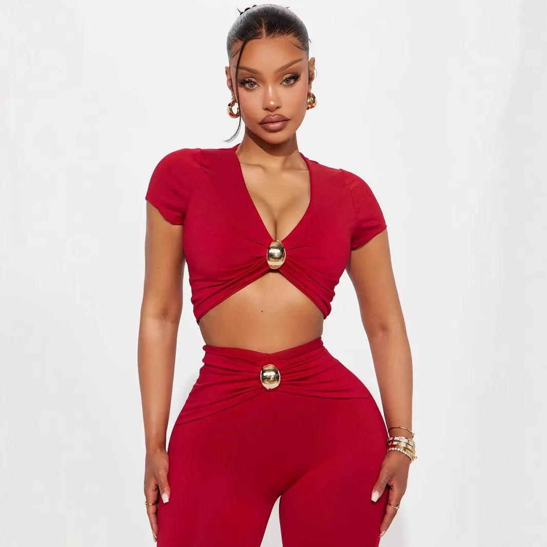 Sexy Spice Girls Style Low-cut V-neck Short-sleeved T-shirt Top Hardware Waist-wrapped Hip Trousers Suit Women