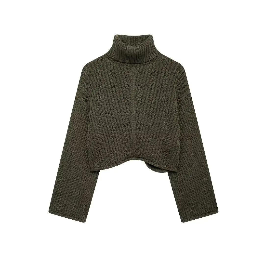 HH TRAF Women Fashion High-necked Sweater Long Sleeve Solid Knitted Pullover Female Autumn Elegant Ribbed Short Sweater Mujer