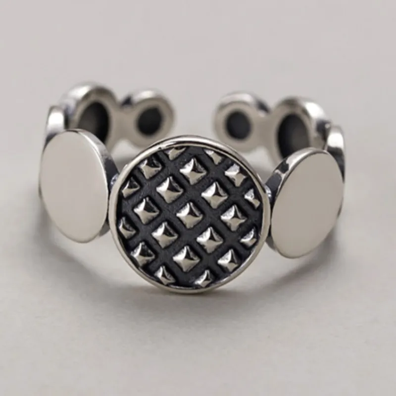 Silver-Plated Open Ring With Geometric Pattern and Smooth Adjustable Ends Elegant Ring