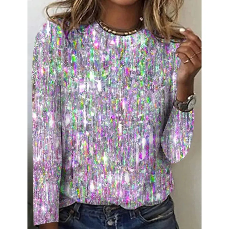 3D Sequin Printed T Shirt Tops For Women 2023 Autumn New Round Neck Long Sleeve Fashion Casual Lady T Shirts Pullover Streetwear