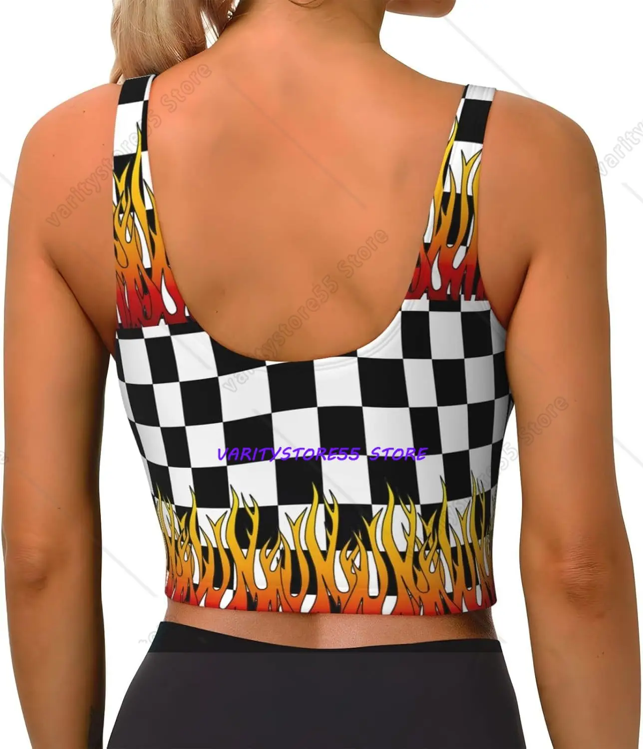 Checkerboard Flame Women's Sports Bras Yoga Crop Gym Tank Tops U Back Exercise Workout Top Removable Pads Fitness