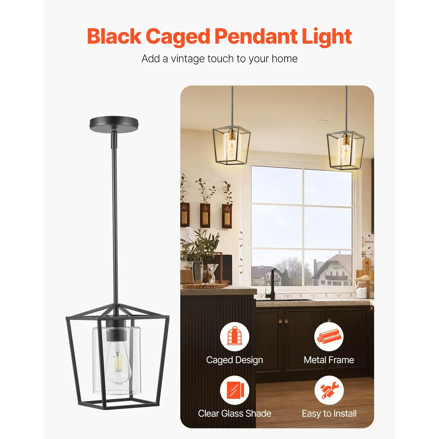 1-Light Black Pendant, 1 Pack, Farmhouse Iron Cage Metal with Clear Glass Shade, Adjustable Height Hanging Ceiling for Bedroom