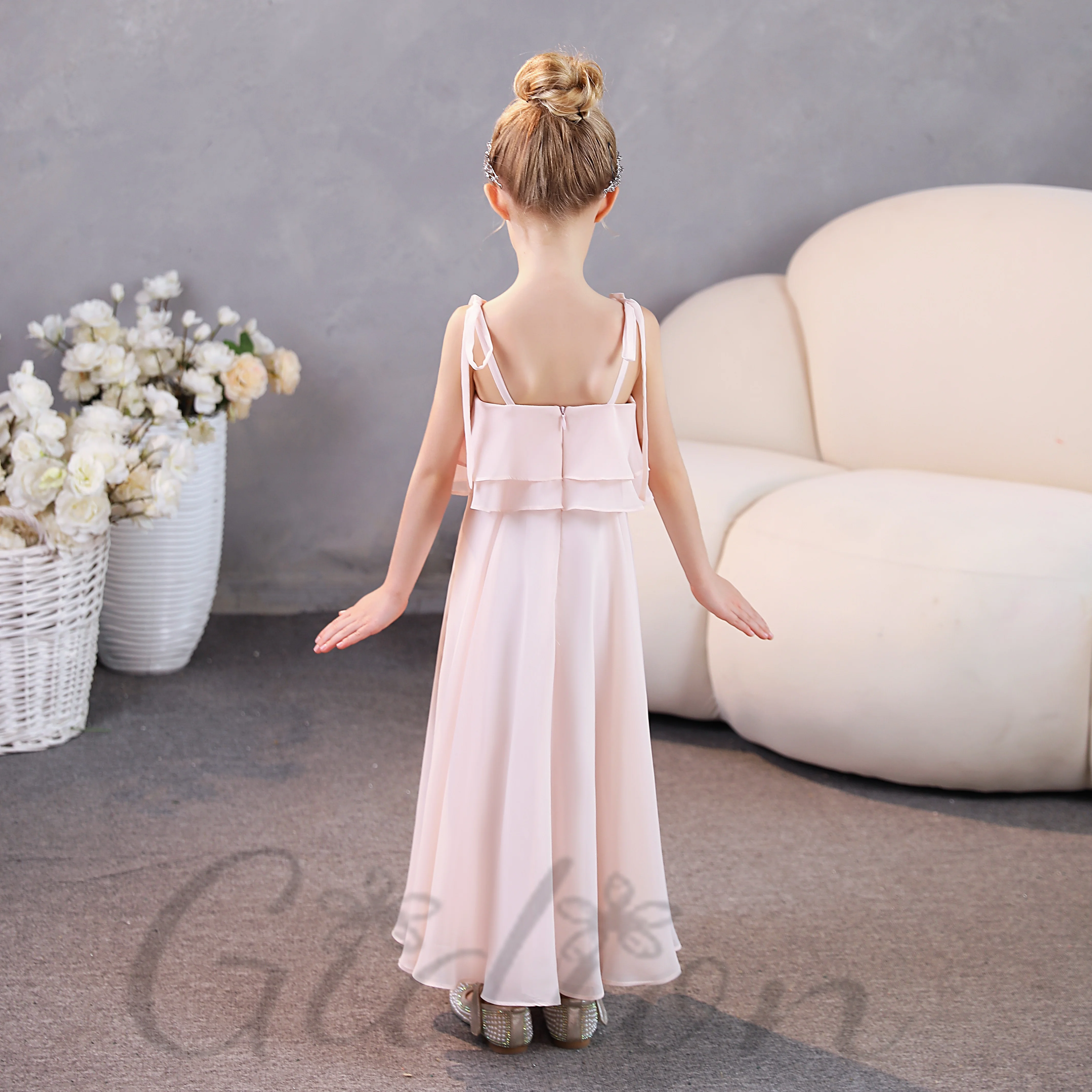 Spaghetti Straps Chiffon Junior Bridesmaid Dress For Children Wedding Ceremony Prom Night Show Celebration Pageant Banquet Event