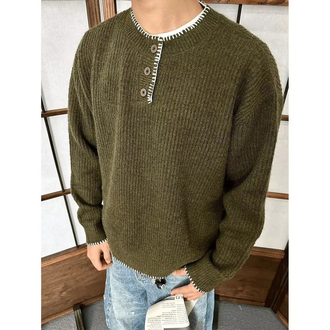 

Retro Japanese Sle Long Sve Henry Collar Fake Two-Piece T-irt Men's Trendy Brand Casual Sweatirt Autumn Base irt