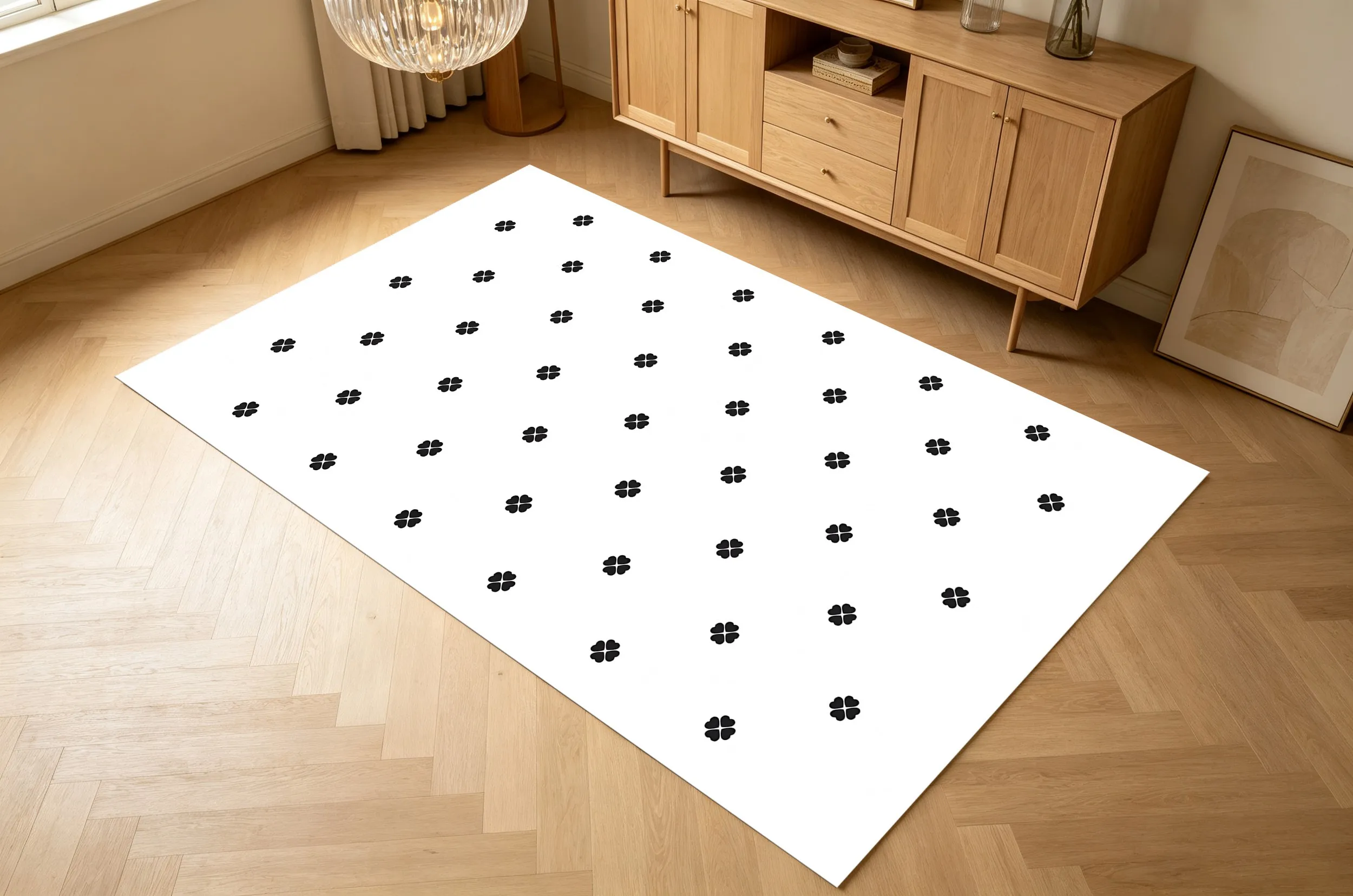 2D Large Rug Black White Four Petal Floral All over Pattern Minimalist Stylish Living Room Bedroom Carpet