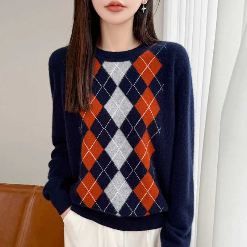 Suéter feminino 100% lã com padrão de diamante, gola redonda, manga comprida, pulôver macio e quente de lã merino, outono inverno, tops básicos