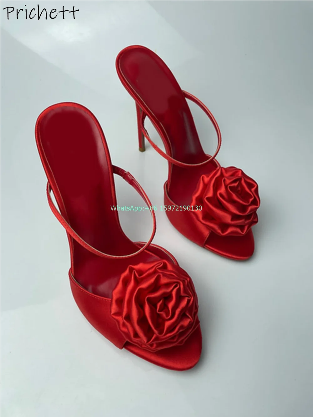 Satin Rose Two Way Wear Sandals Peep Toe Thin Heels Solid Slip On Outdoor Slippers Women's Luxury Red Pleated Flower Shoes