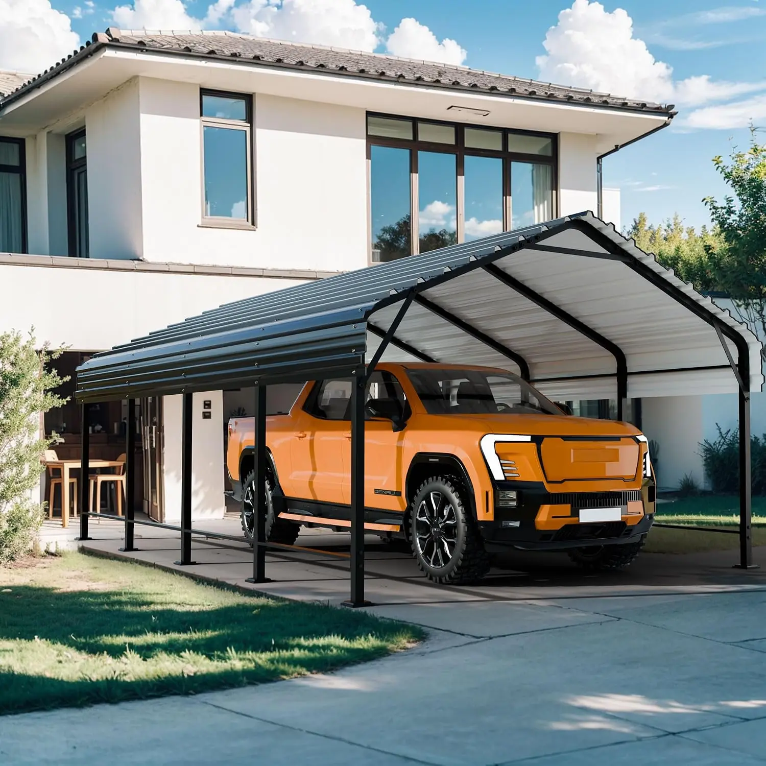Heavy Duty Metal Carport Garage, Outdoor Galvanized Steel Vehicle Canopy Shelter, Weather Resistant Parking Shed, Multi Purpose Storage Tent For Cars Trucks Boats Tractors, Grey Set