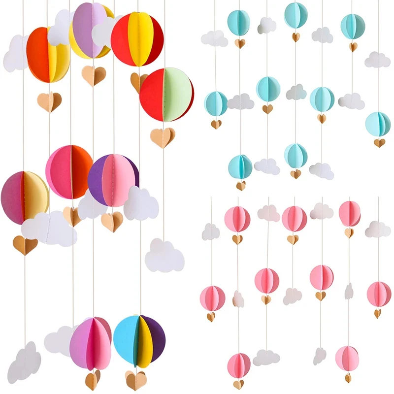 3D Hot Air Balloon Love Heart Clouds Paper String Room Wall Background Hanging Banner Birthday Baby Shower Party Decorations