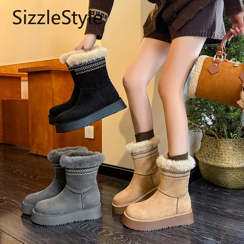 

Stylish Round-toe Suede Simple Patchwork Stitching Decorative Thickened Warm Sole Women's Winter Snow Boots