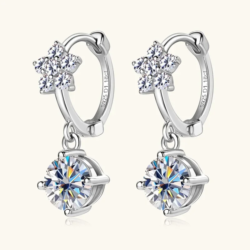 18k Gold Plated 925 Silver Flower 6.5MM 1CT Moissanite Drop Hoop Earrings GRA Certified Wedding Jewelry Gifts for Women