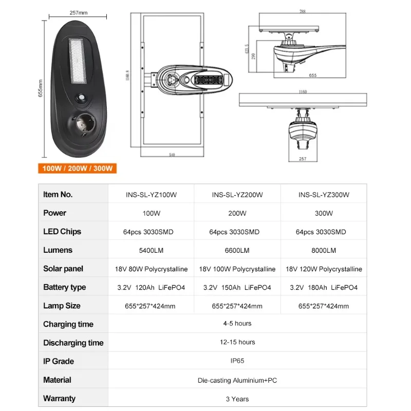 المبيعات 100 واط 200 واط 300 واط ضوء الشارع الشمسي مجموعة كاملة ضوء الشارع الشمسي بطارية ليثيوم LiFePo4 الخارجية تحت الطاقة الشمسية P