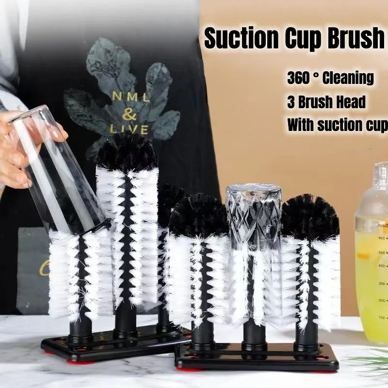 

Cleaning Brush for Bar Kitchen Wine Glass Cup Glass Washer 3 Brush Glass Washing Brush with Suction Cup Glass Cleaner Gadgets