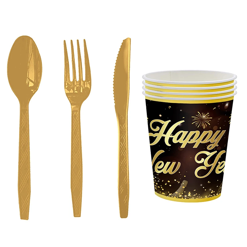 New Years Eve บนโต๊ะอาหาร 2025 Gold และ Black กระดาษทิ้งแผ่นถ้วยผ้าเช็ดปาก New Year Party อุปกรณ์ตกแต่ง