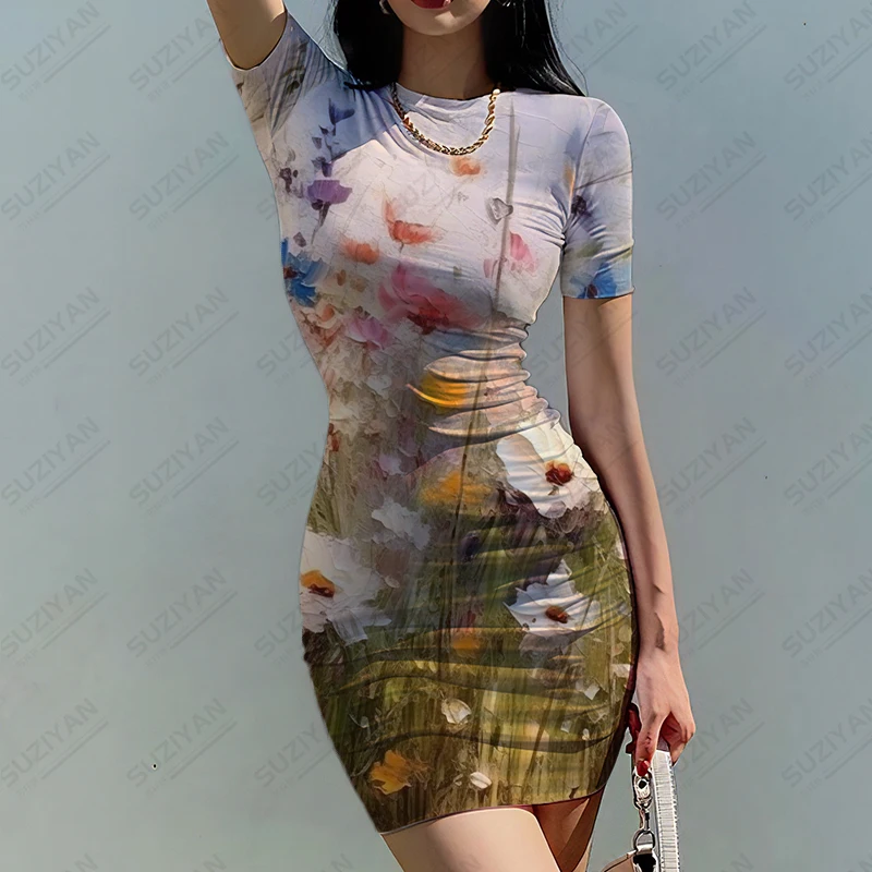 Summer new ladies slim dress flower 3D printed lady dress oil painting style ladies slim dress trend fashion ladies slim dress