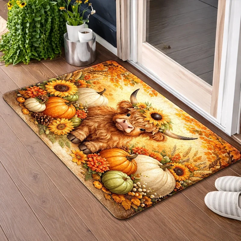 

Highland Cow & Pumpkin Sunflower Rug Suitable for Indoor/Outdoor Use, Machine Washable Non-Slip Floor Mat with Backing, Soft Adhesive Carpet Suitable for Entryway, Kitchen, Bedroom, Front Door - Durable for Scottish Cow