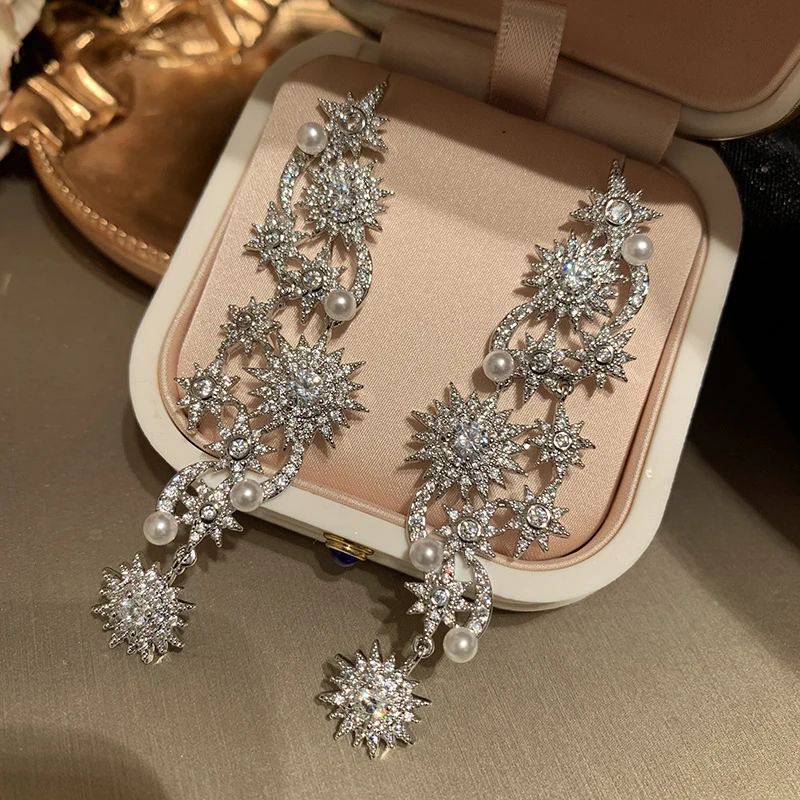 Glamorous Sunburst Star moon Earrings Halo-Set Purple CZ Pearl Drop Earrings for Women Formal Occasion Jewelry