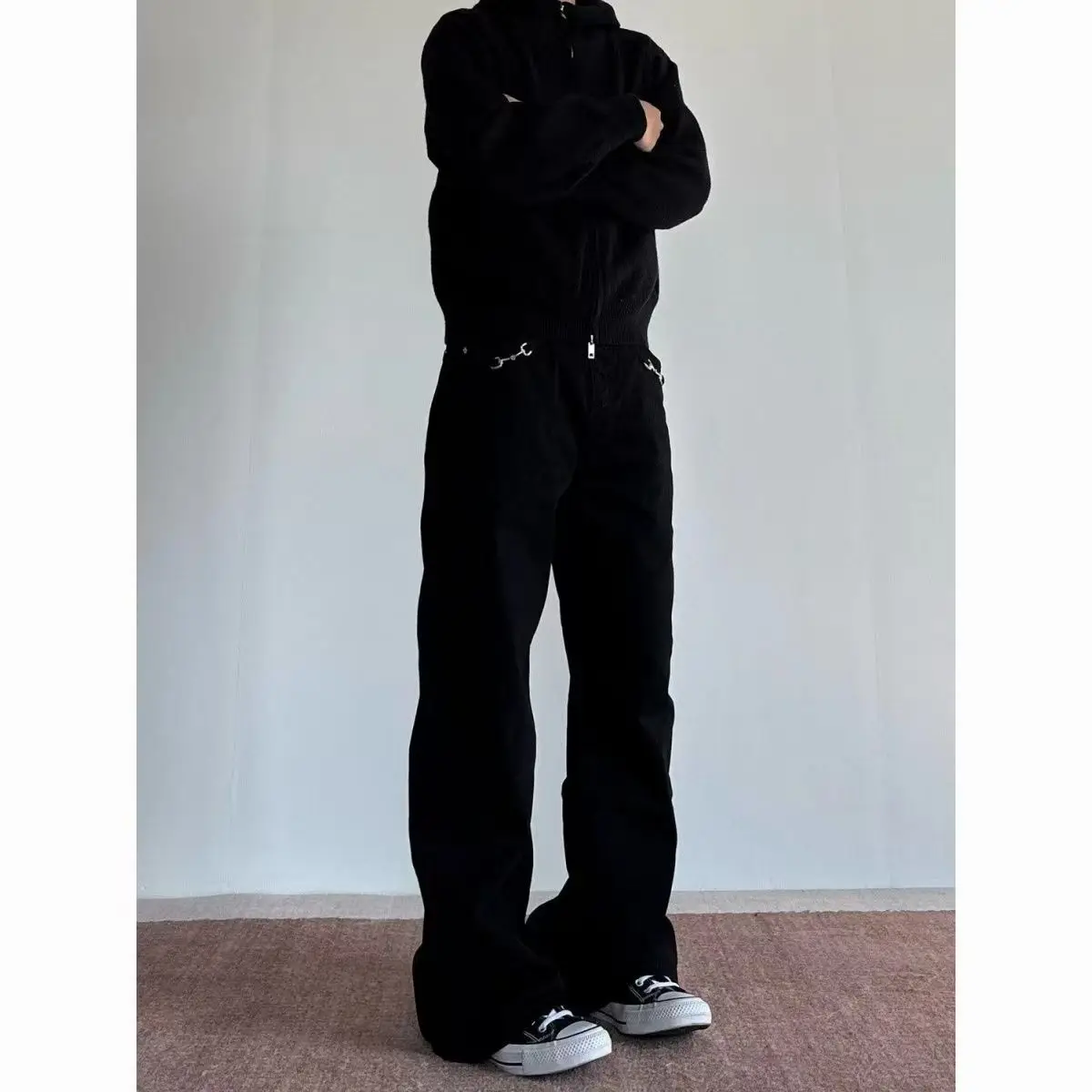 American Retro buckle Design Spring And Autumn Washed Micro-Flare Jeans Men And Women High-Waisted Hip-Hop Loose Wide Leg Jeans - Image 5