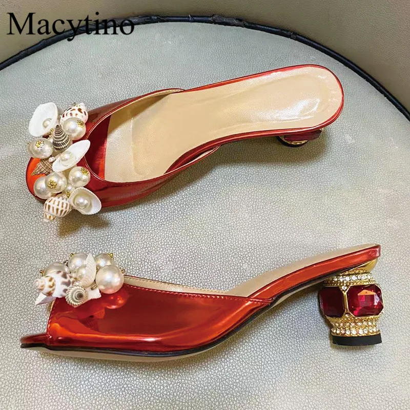 Conch Flower Pearl Decoration Ladies High Heel Slippers Round Toe Drill Heel 6CM Heel Fashion Party Summer Slippers