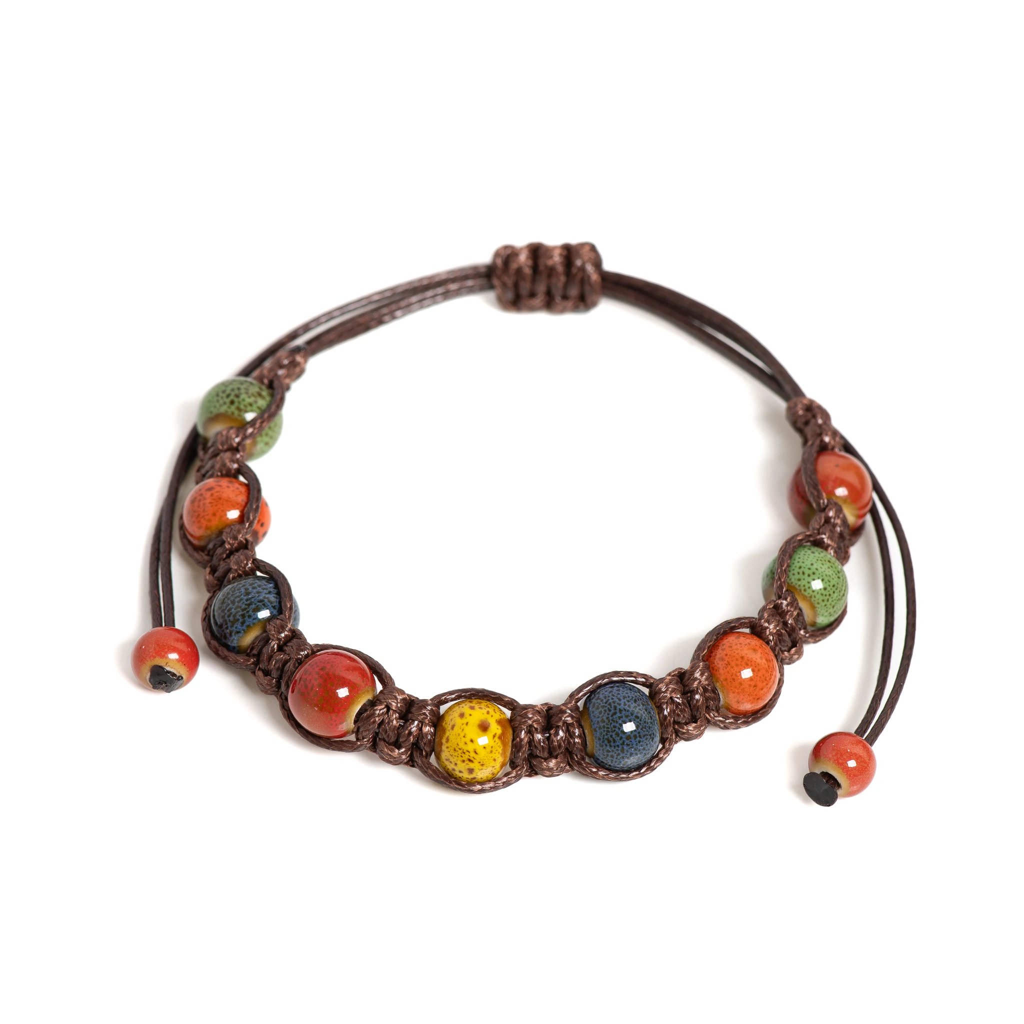 Pulsera de cerámica colorida hecha a mano, cordón de café, joyería artística bohemia ajustable 1151