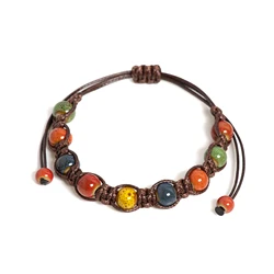 Handmade Colorful Ceramic Bracelet Coffee Cord Adjustable Bohemian Artistic Jewelry 1151