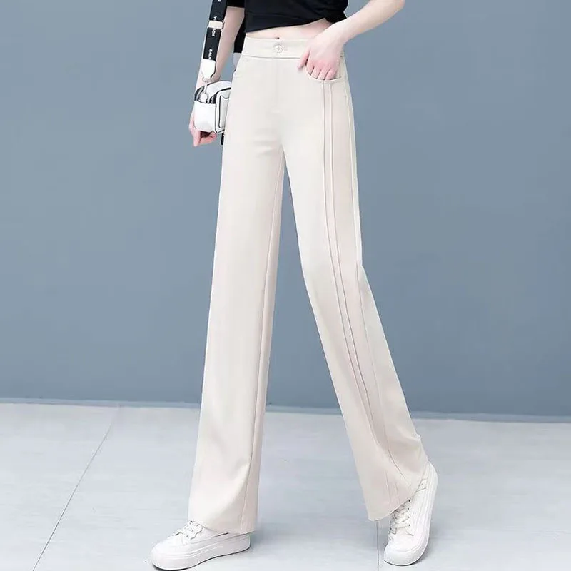 Pantalon taille haute monochrome pour femme, poches simples, épissé, tout match, droit, vêtements pour femmes, mode de bureau, printemps, été