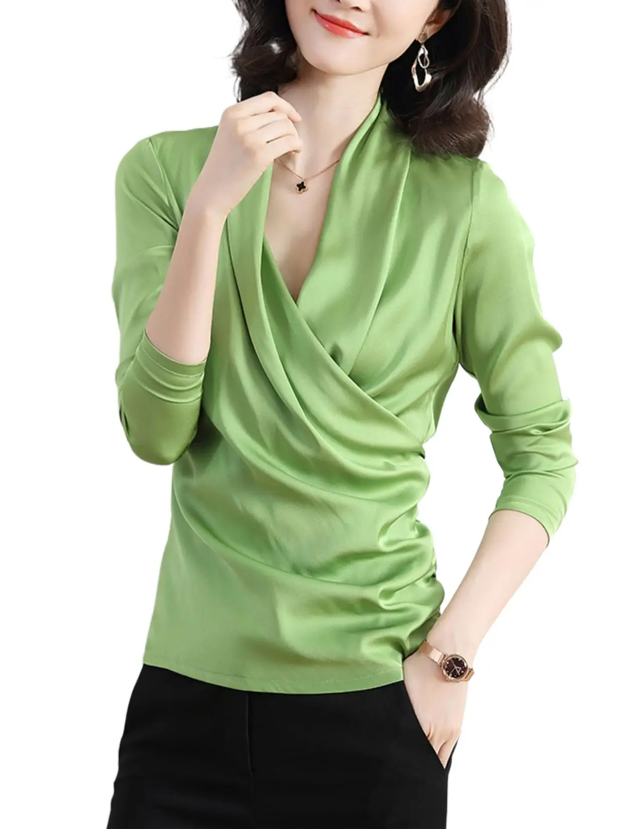 

2024 New Satin V-neck Shirt Women's Commuter Versatile Autumn Shirt Left Lower Fold Long Sleeve Clothing