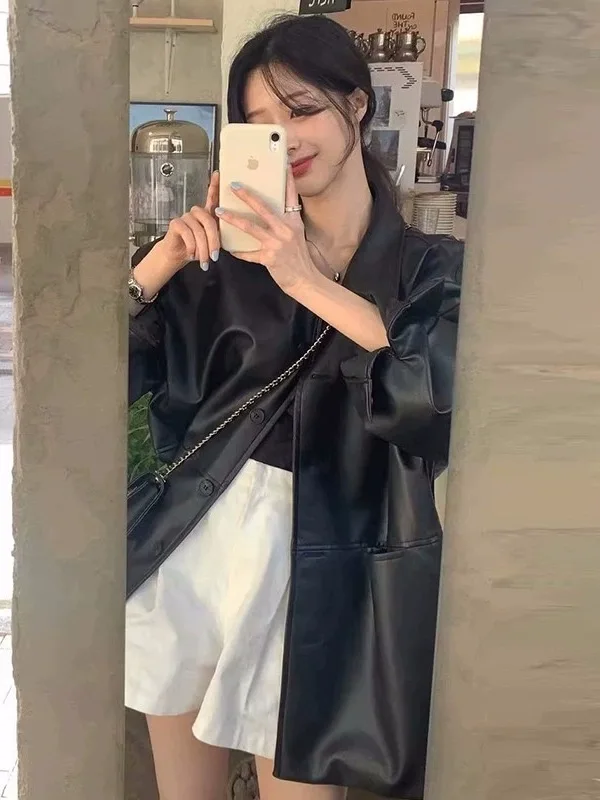 

Chic Loose Bla Leather Jaet Mid-Length Suit Sle Long Sve Women's Outerwear plus Size Faionable Casual Coat