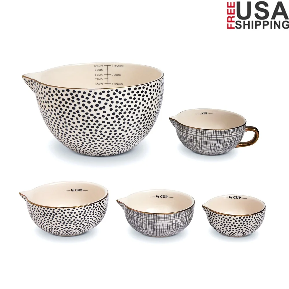 

5-Piece Ceramic Mixing Bowl Set with Measuring Cups Durable Non-Stick Kitchen Bowls Stylish Dot Pattern Mixing Measuring Serving