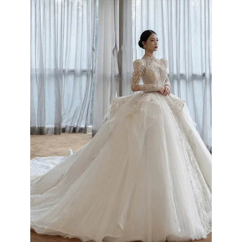 Long-sleeved wedding new spring bridal main yarn high-end luxury large trailing retro palace style high-quality texture