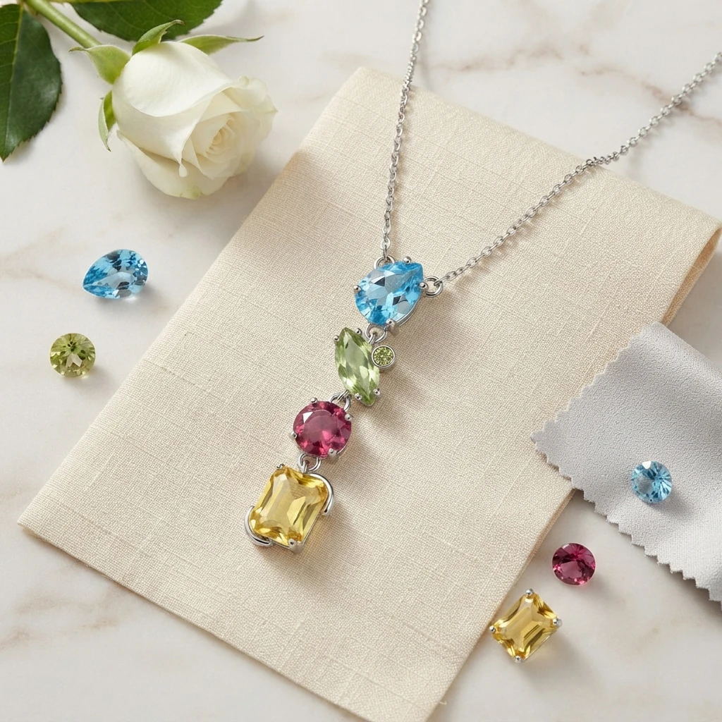 Silver Color Light‑Luxury Multicolor CZ Pendant Necklace Women, Collarbone Jewelry Gift for Daily Commute Date Party Vacation