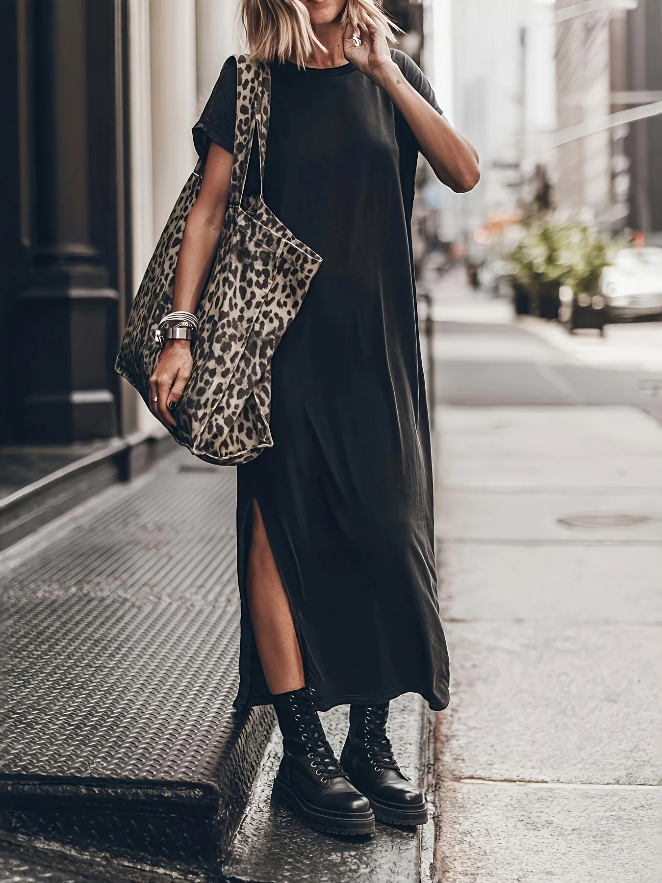 Loose Black T-Shirt Dress Women's Side Slit Short Sleeve Maxi Dress Street Style Spring Summer Casual Fashion Polyester Material