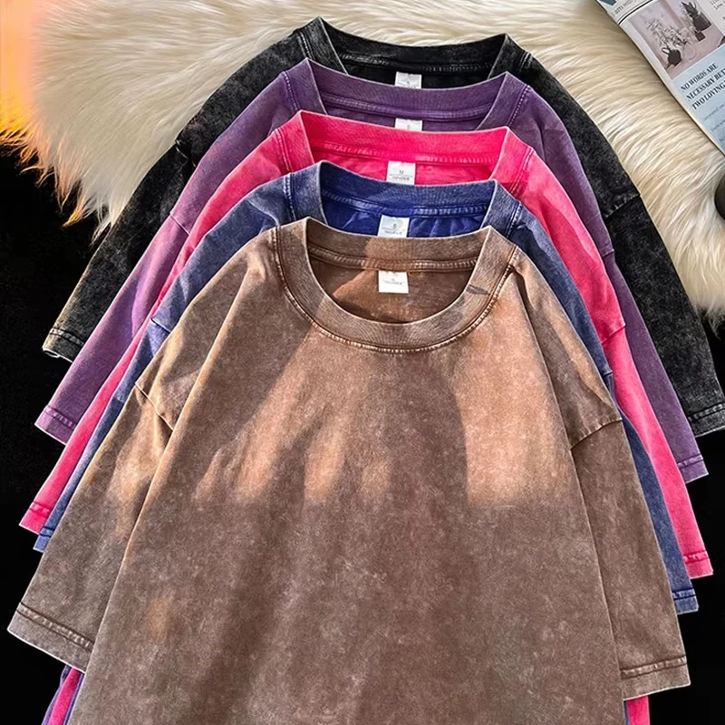 

Cotton Retro Punk T-shirt Drop Shoulder Sleeve Women Vintage Short Sleeved T Shirts Solid Color Hip Hop Loose Tees Street Tops